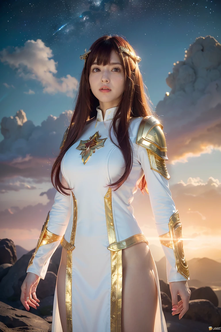 ((masterpiece, best quality, extremely detailed), volumetric lighting, ambient occlusion, colorful, glowing), 1girl, solo, young girl, (maroon hair with bangs), long hair, halo, aura, sacred, goddess, cleric suit, (white outfit with gold detailst:1.3), armor, outdoors, sunset, sky, clouds, space, (fantasy theme:1.2),