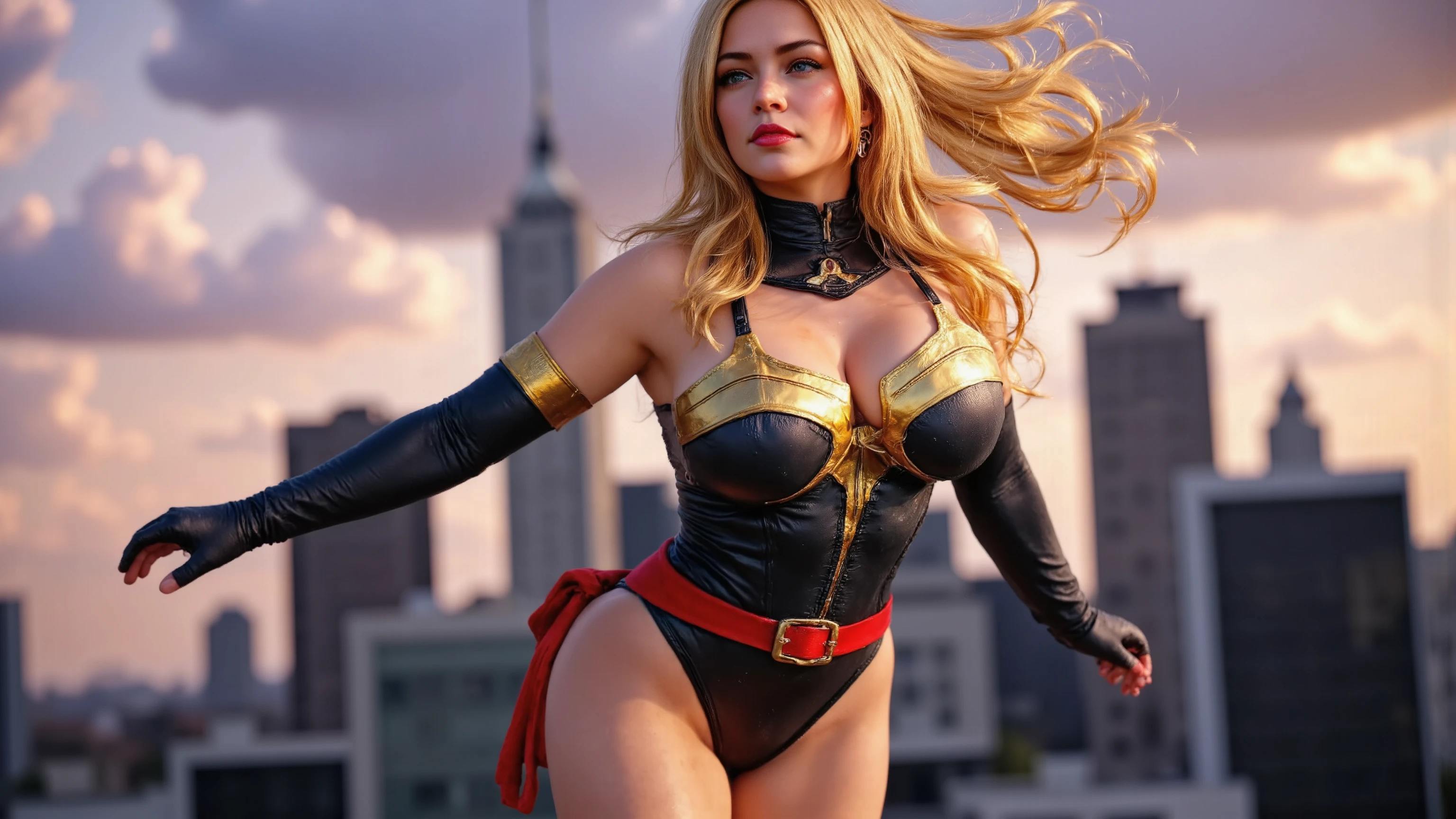 Masterpiece depiction of MS Marvel soaring through the air, radiating confidence and power. Voluptuous figure, athletic build, and beautiful long hair flowing in the wind as she flies over a city skyline at dusk. Tight clothes accentuate her curves, with skin indentations adding depth to her physique. Glowing energy powers swirl around her, illuminated by cinematic lighting that casts dramatic shadows on the urban landscape. Ray tracing and UHD rendering bring photorealistic detail to this comic book art-inspired digital painting, worthy of an award-winning masterpiece in the Marvel universe.