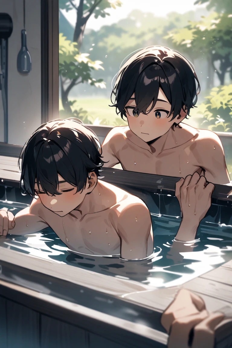 Two boys swimming,yard,dream magical