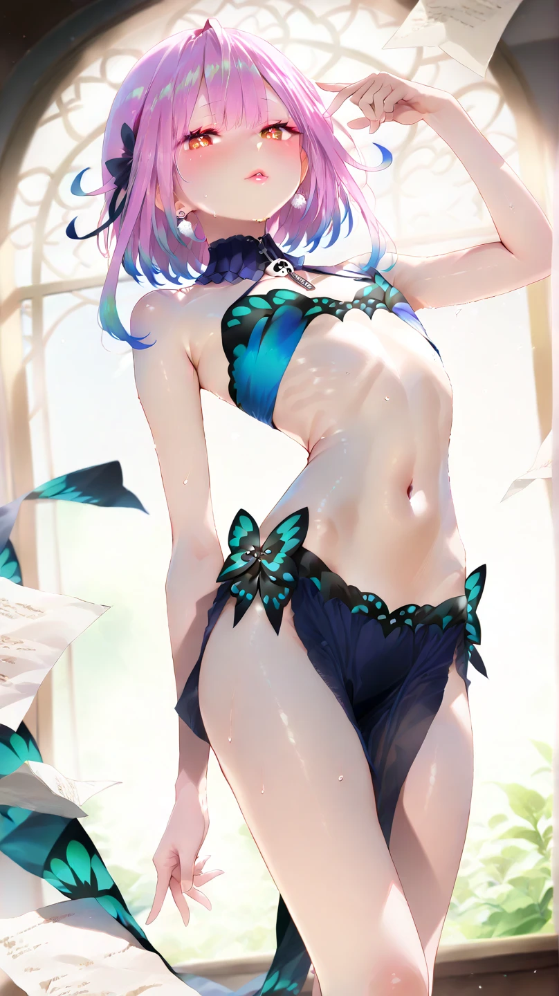 rushia_bikini, green hair, short hair, side buns, blue bikini, frills, butterfly, small breasts, skull hair ornament