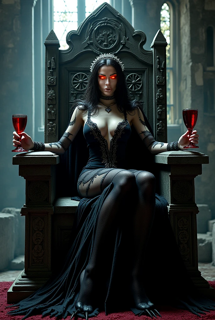 A gothic goddess of war, in a torn black dress that reveals her pale, tattooed skin. His eyes are black as night and surrounded by shadows. He wears a collar of claws and a crown of small horns.. Sitting on a throne of bones, with an expression of arrogance and power. Dark and mysterious atmosphere, with candles and demonic symbols." "A demonic warrior, half woman half beast. With long, sharp horns, claws instead of nails and a long, scaly tail. Her black hair is wild and rebellious. He wears armor made of black scales and bones.. Wielding a giant ax, with an expression of fury and bloodlust. hellish environment, with lava and flames. in realistic style. defiant look.