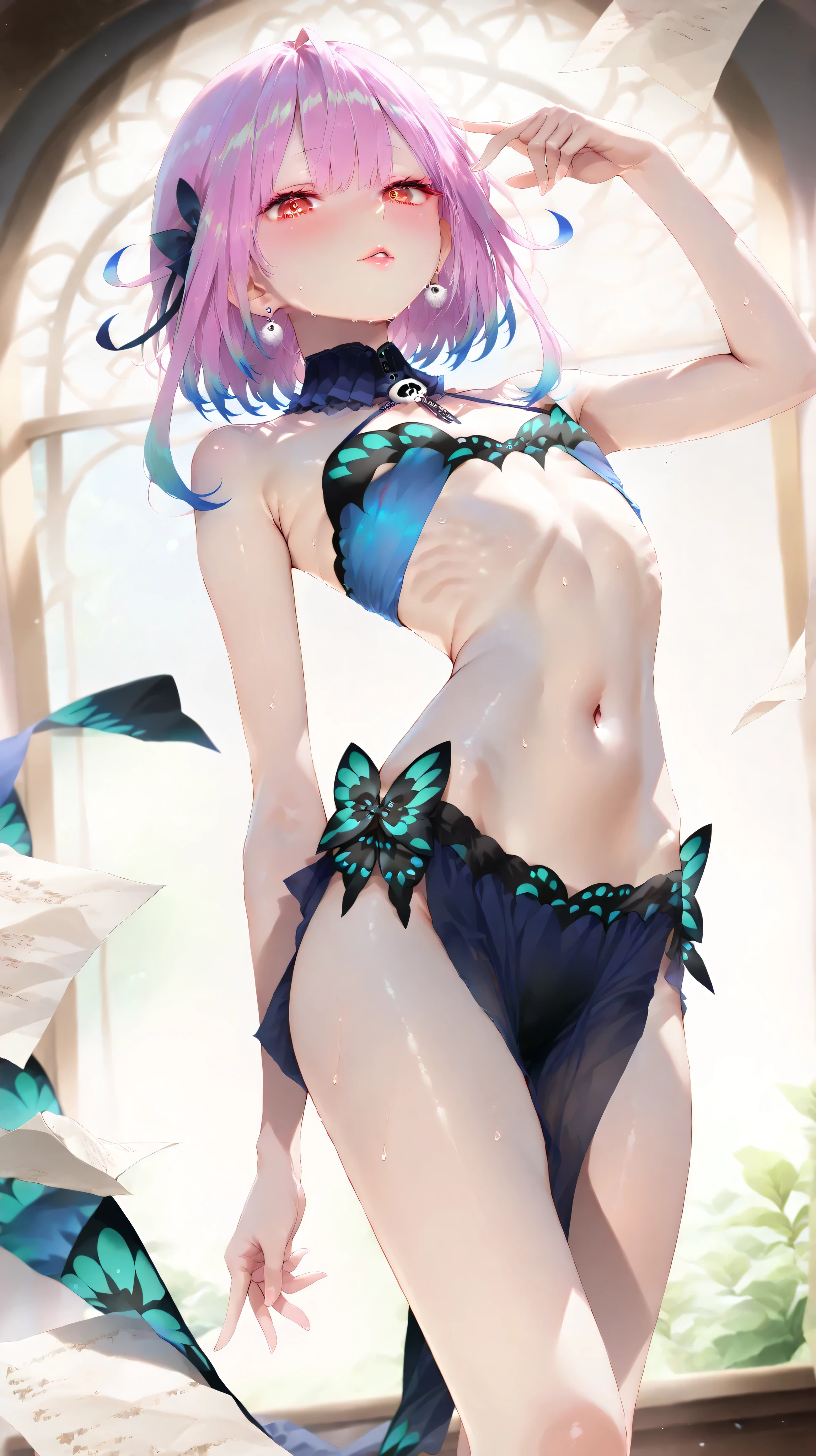 (Short height:1.3),(uruha_rushia:1.3),(1girl, solo, standing pose:1.3,full body, ((belly dance:1.3)), ((dynamic action:1.3)), ((dynamic posing:1.3)), ((dynamic angles:1.3)), (flowing fabric, intricate costume details, elegant movements)),
((large, expressive eyes:1.4)), ((big shiny eyes:1.3)), ((detailed irises:1.3)), ((bright reflections in eyes:1.3)), (long eyelashes, fluttering lashes, glossy eyes),
((smooth, flawless skin:1.3)), ((naturally radiant skin:1.3)), ((softly reflected light on skin:1.3)), ((subtle highlights and shadows:1.2)), ((peachy soft skin:1.2)), ((healthy blush:1.2)),
((natural light reflections:1.3)), ((gentle sunlight glow:1.2)), (ambient light diffusion, soft skin texture, depth-enhanced lighting),
((extreme proportions)), ((hollowed stomach:1.2)), ((exposed belly:1.2)), ((sweat:1.1)), ((thin fingers:1.1)), ((ethereally slender:1.3)), ((paper-thin waist:1.4)), ((bony:1.2)), ((protruding ribs:1.2)), ((protruding collar bones:1.2)), ((underweight:1.3)), ((narrow waist:1.4)), ((slender stomach:1.2)),
((detailed face:1.3)), ((youthful beauty)), ((sweet expression)), ((detailed lips:1.3)), ((glossy lips)),
(((masterpiece))), (((hyper-realistic))), ((ultra-detailed)), ((high-resolution)), ((sharp focus)), ((dynamic lighting)), ((depth of field)), ((rich textures)),
((vibrant tones)), ((deep shadows:1.2)), ((luminous highlights:1.2)), ((soft glow)), ((natural light)), ((cinematic lighting)), ((high contrast)), ((illuminated))