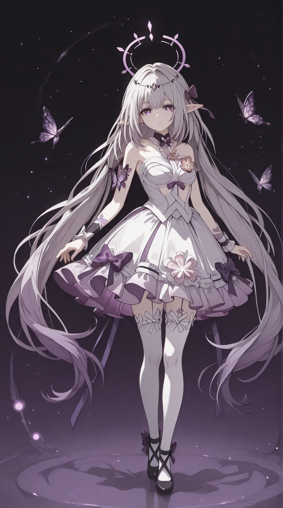 The appearance of Kastorica from Honkai Star Rail adult elf girl.  She has pale fair skin , purple eyes and shoulder length light gray hair with two long tails. Kastorica wears a short fluffy dress decorated with ruffles and bows, with a long hem at the back. She also wears long white stockings and high-heeled shoes. dark purple butterflies on the body. 