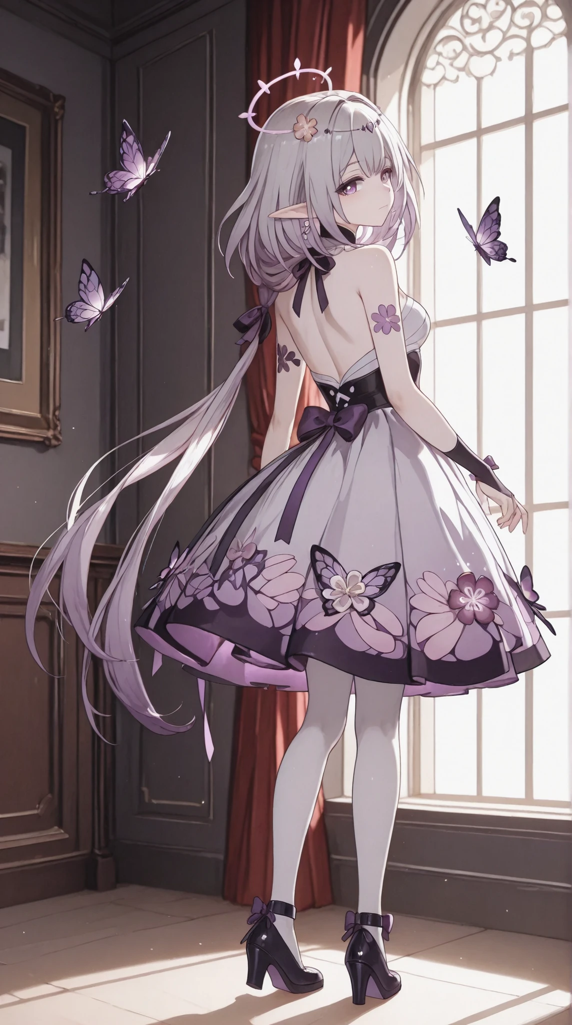 The appearance of Kastorica from Honkai Star Rail adult elf girl.  She has pale fair skin , purple eyes and shoulder length light gray hair with two long tails. Kastorica wears a short fluffy dress decorated with ruffles and bows, with a long hem at the back. She also wears long white stockings and high-heeled shoes. dark purple butterflies on the body. 