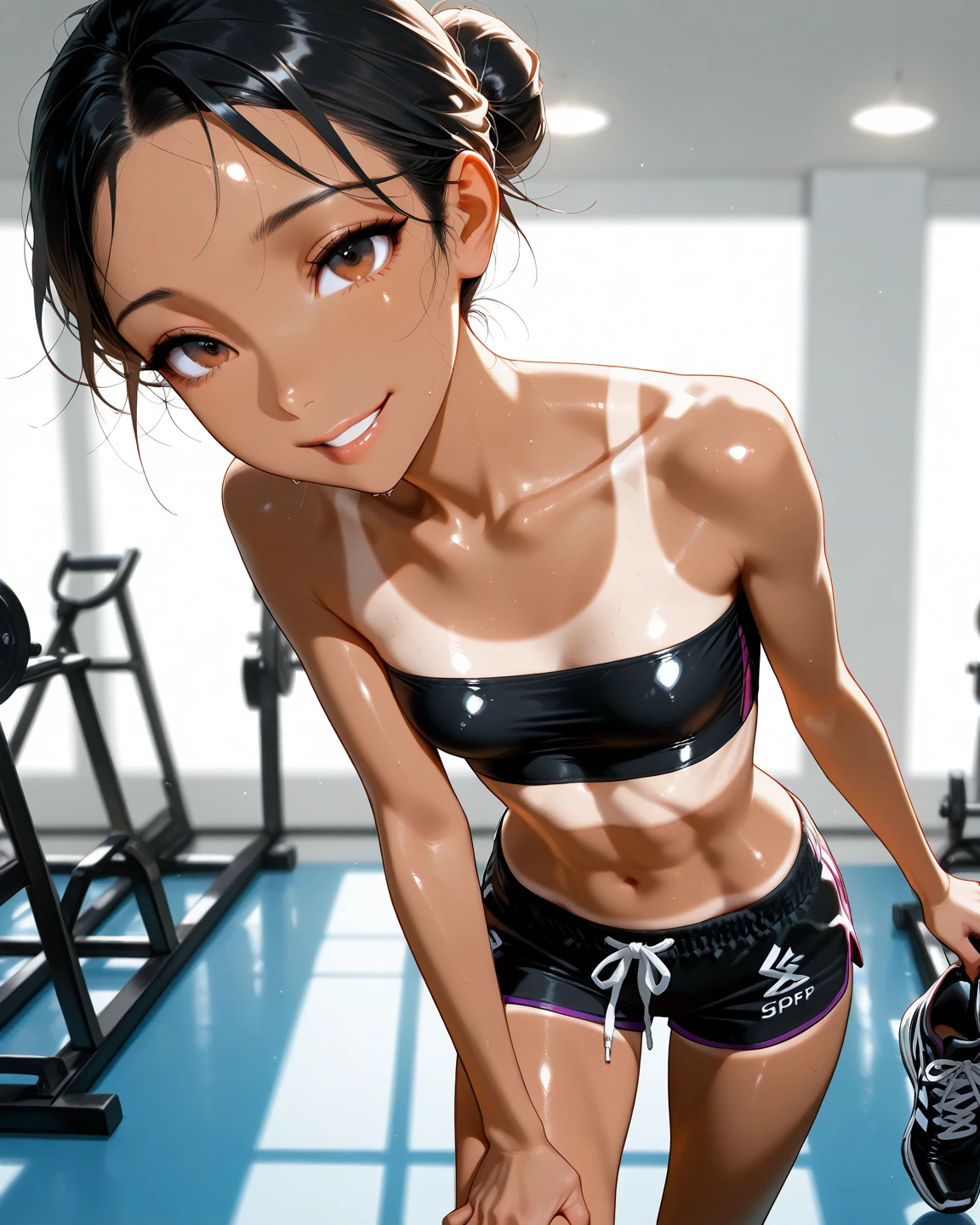 ((perfect anatomy,realistic,:1.3,RAW Photography:1.3,masterpiece、highest quality、Ultra - High resolution、High resolution、Highly detailed CG、8K)),cowboy shot,1 female,solo,20 year old beauty,((beautiful detailed face and eyes,big and gorgeous eyes)), brown eyes,open mouth,steam:.1.5、heavy breathing:1.5,(brown hair,long hair,forehead,center parted hair:1.2、straight hair),(medium breasts,slender body,small head:1.3,skinny,tan skin,gleaming skin,oily skin,shiny skin,sweat:1.7), BREAK ,(((Tops that are see-through with sweat、white tank_top,navel, black sports shorts))), BREAK ,standing,training in progress,spread legs:1.5,gymnasium hall,