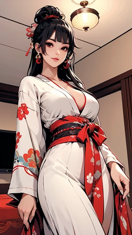 (masterpiece), Highest quality, Expressive eyes, Perfect Face Beautiful Japanese Woman Manga, MangaKawaiiAnime, Beautiful Japanese Kimono, The kimono has dragon embroidery on it.. The kimono is black and red, Japanese woman with long hair, Hair color: Brown, Hairstyle Ponytail, single eyelid, The eyes are hooded、Sensual and、Deeply sunken、Fascinating and、mysterious, facial expression smile, Beautiful images.