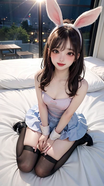 (Best Quality,4K,High resolution:1.2), Ultra-detailed, Realistic portrait, Best Quality, (outside japanese high school), (passionate scene),one very young looking high school girl, (intense emotion), (carp), (kiss:1.1), , (open eyes),(innocent look), student clothes, long black hair with bows and ribbons、Mini Pleated Skirt、(Stockings), open mouth, (very big breasts), lingerie, pigtails, thin tiny waist, black and pink marching band uniform with bow, having fun, , big brown eyes, big cute smile, (full body, perfect long legs, looking up staring into camera, far away), (muscular lean abs, tight cropped blouse), (large round black rimmed glasses), (cat ears, thigh gap, lying on bed, legs spread open)