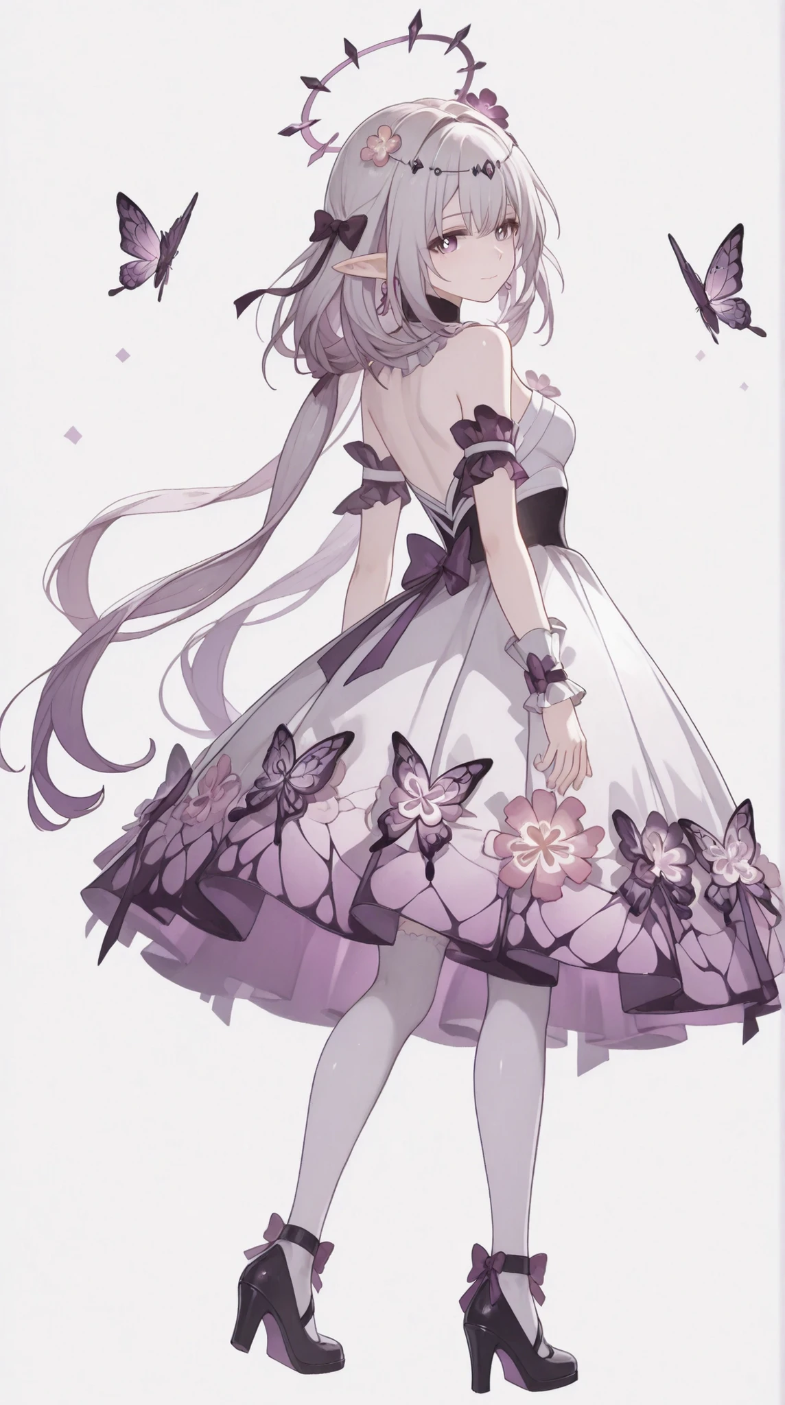 The appearance of Kastorica from Honkai Star Rail adult elf girl. She has pale fair skin , purple eyes and shoulder length light gray hair with two long tails. Kastorica wears a short fluffy dress decorated with ruffles and bows, with a long hem at the back. She also wears long white stockings and high-heeled shoes. dark purple butterflies on the body.