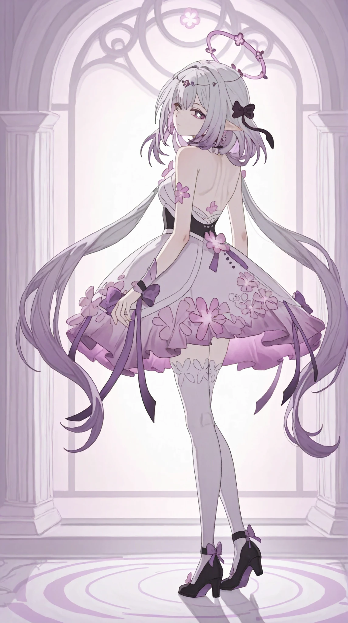 The appearance of Kastorica from Honkai Star Rail adult elf girl. She has pale fair skin , purple eyes and shoulder length light gray hair with two long tails. Kastorica wears a short fluffy dress decorated with ruffles and bows, with a long hem at the back. She also wears long white stockings and high-heeled shoes.