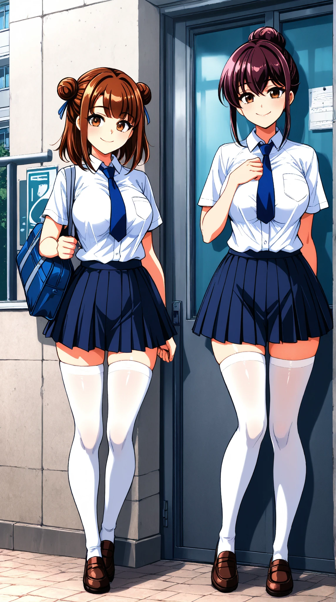 2 girls, smile:1.3, shirt, skirt, (small),((classroom:1.5))、、(blush:1.3)、((青いチェック柄のskirt:1.5))、Cowboy Shot、(skirt lift:1.3),(Highly detailed panties:1.3)、(Highly detailed pink striped panties:1.3)、、(skirt that rolls up:1.3)、(Full-fledged panties:1.5)、,((Pure white cardigan))、Light blue eyes