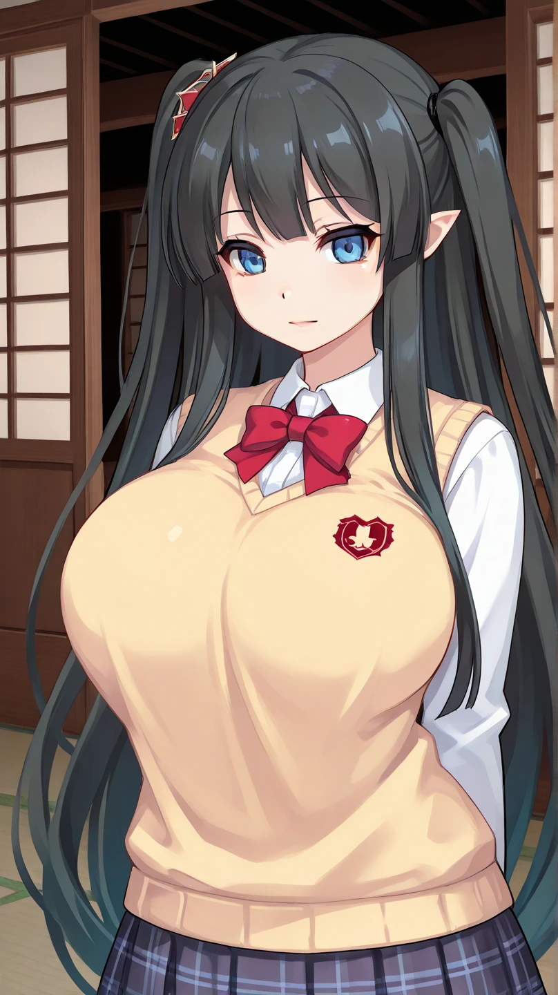 (masterpiece, best quality, hires, high resolution:1.2, 4k, 8k , high quality), extremely detailed, realistic, intricate details, highres, 1girl, solo, brown long hair, pink eyes, blush, (glasses:1.5), (large breasts, thick thighs, wide hips), arched back,(cinematic lighting, sunlight, perfect lighting, backlighting), eye-level shot, extreme close-up-shot, naughty look, looking at viewer, rin_tohsaka_ecsta, tohsaka rin, hair ribbon, brown hair, pink eyes, black ribbon, red sweater, black skirt, cross necklace