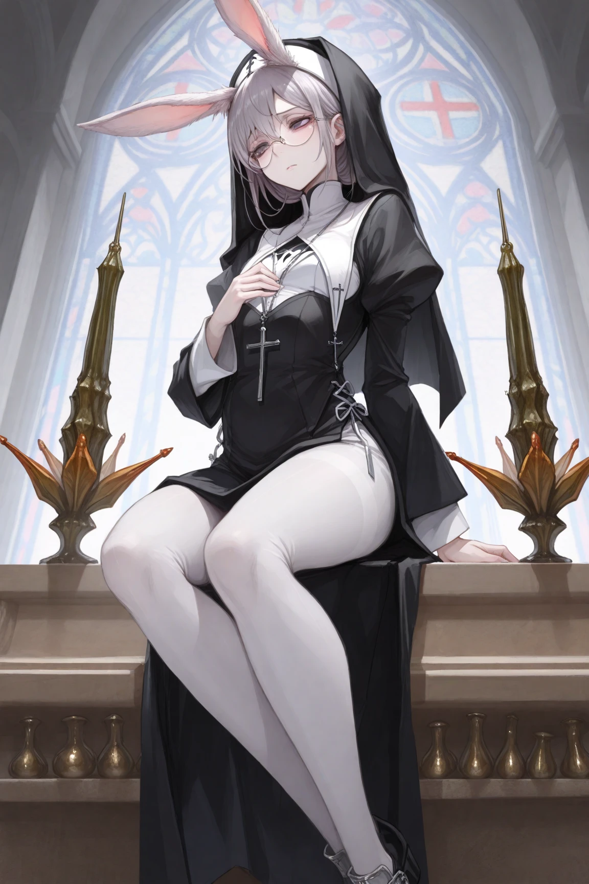 ((full bodyesbian)), Young nun, extremely long black hair, ((Charming, self-assured)), grape trees、Flowers and water creeks, Sharp shadows, Vivid colors, rays of sunshine, [Black heels，With ankle strap], Natural pose, Black velvet gloves,Sat down