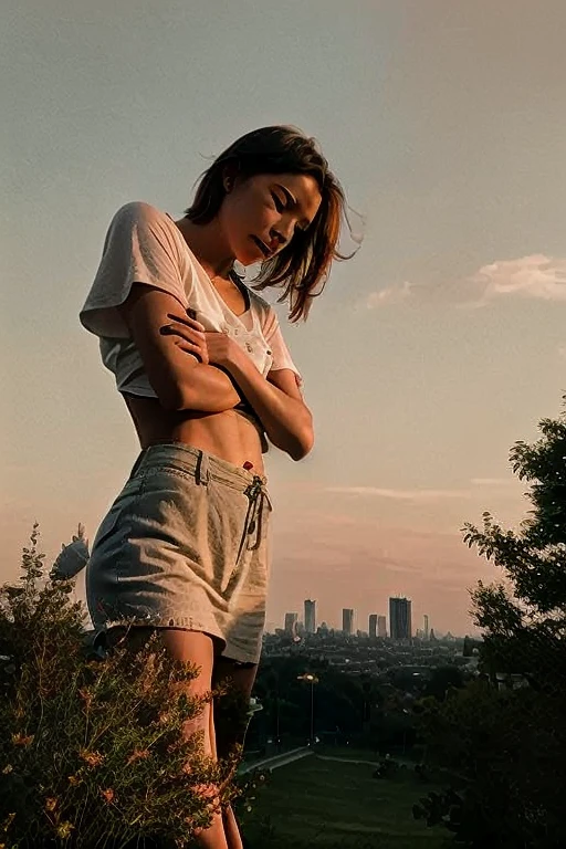 ((of the highest quality, 8K,Raw photo)), (Realistic, Photorealistic: 1.37), (Face Focus: 1.1), Small breasts, flat chest, Short hair, A Japanese Lady、25-years old、(white t-shirts: 1.1)、Skirt, Sitting, Arms up, From below, Sunlight, Movie Lighting, Beautiful girl with windblown hair in twilight sky
