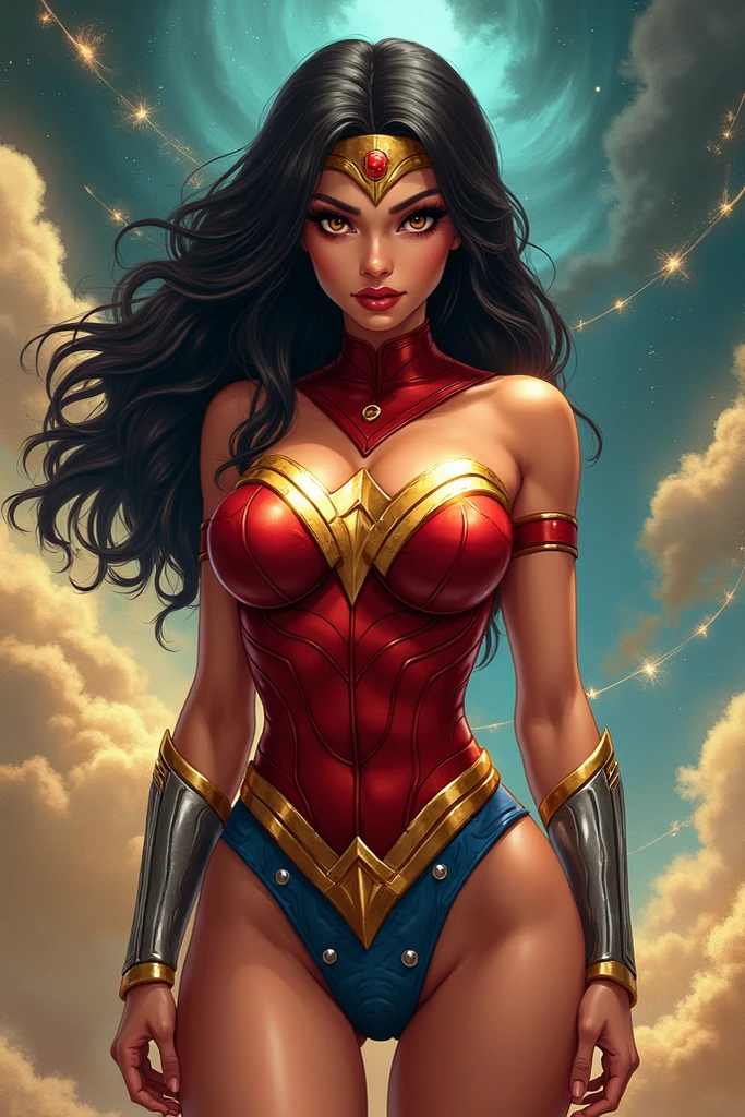 (Dominican: Caribbean:1girl: WonderWaifu,Superhero), (extremely detailed CG unit 8k wallpaper),(master part), (best quality), (ultra detali), (best illustration),(melhor ombre), cowboy shot, upper body, (Sharp eyeliner, ombre, detailedeyes:1), Disney Castle background, ,break , (star15escola:1.2), hair ornament,long hair,black hair, Cameltoe