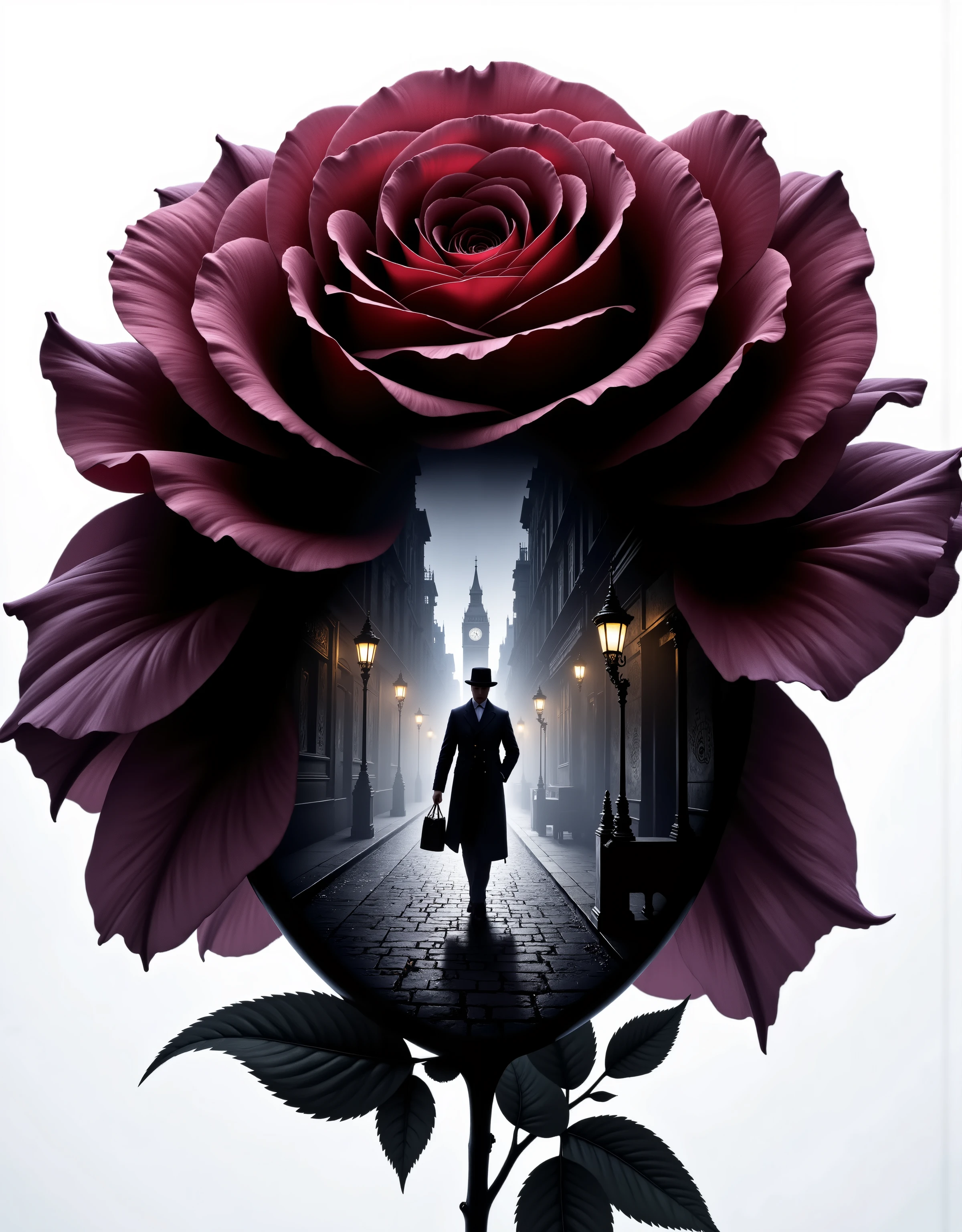 yper-realistic digital painting in double exposure style. A massive translucent silhouette of a black and burgundy rose dominates the composition—its petals rich with texture and shadow, curling like velvet smoke. Within the rose’s transparent form, we see the departing silhouette of Sherlock Holmes, wearing his long coat and deerstalker, walking away down a fog-drenched London street.

Inside the rose, gas lamps glow through mist, cobblestones shimmer with recent rain, and in the distance, the shadowy outline of Big Ben looms like a watchful sentinel. Subtle tendrils of fog coil around Holmes's form as he disappears into mystery.

The outer image is rich with dark, saturated colors—plum, ink, and deep crimson, creating a surreal, dreamlike ambiance. The lighting is soft and natural, as if captured in the last light of evening. The piece has ultra-detailed textures, ethereal atmosphere, and perfect composition—a haunting, surreal tribute to London’s greatest detective caught within the petals of obsession and enigma.

Rendered in ultra HD, 8K, with cinematic depth, intricate highlights, and the melancholy beauty of a dark Victorian fantasy.