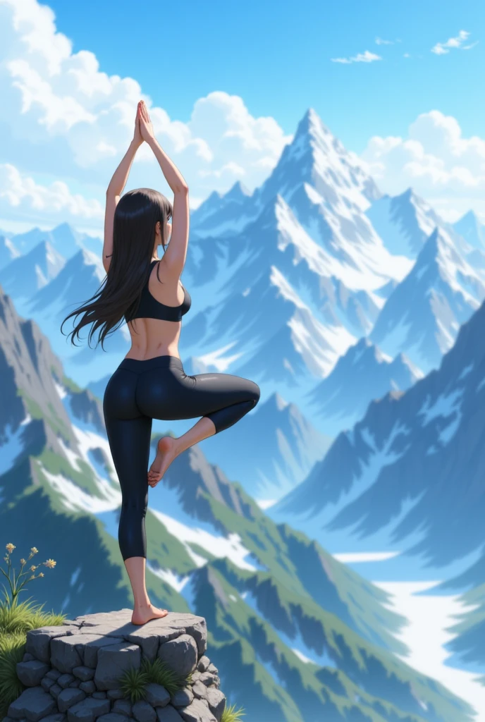 A anime wolf girl on a rock top of a mountain doing yoga