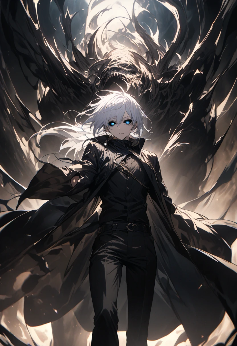 Human with a shadow of a dragon long silver hair dark blue eyes and has a scare on one eye 
