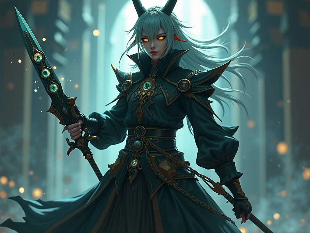 
masterpiece, High resolution, Highest quality, One person, solo, Create an anime-style fantasy artwork of a powerful elf woman with an apocalypse witch aesthetic, holding a staff with dark flames. She has long silver hair flowing wildly, and bright red eyes with a fierce and confident expression. She is wearing a black outfit with dark flame patterns and accents of purple. Her staff is larger, with a burning crystal at the top that emits swirling black flames and glowing dark energy. Her stance is strong, with both hands gripping the staff as she summons dark fire magic. The background features a shadowy, fiery landscape with crumbling earth, glowing lava cracks, and rising black flames. Small signs of new life, such as glowing plants, emerge from the destruction. The sky is dark with swirling clouds and streaks of dark purple light, creating a powerful and mysterious atmosphere.