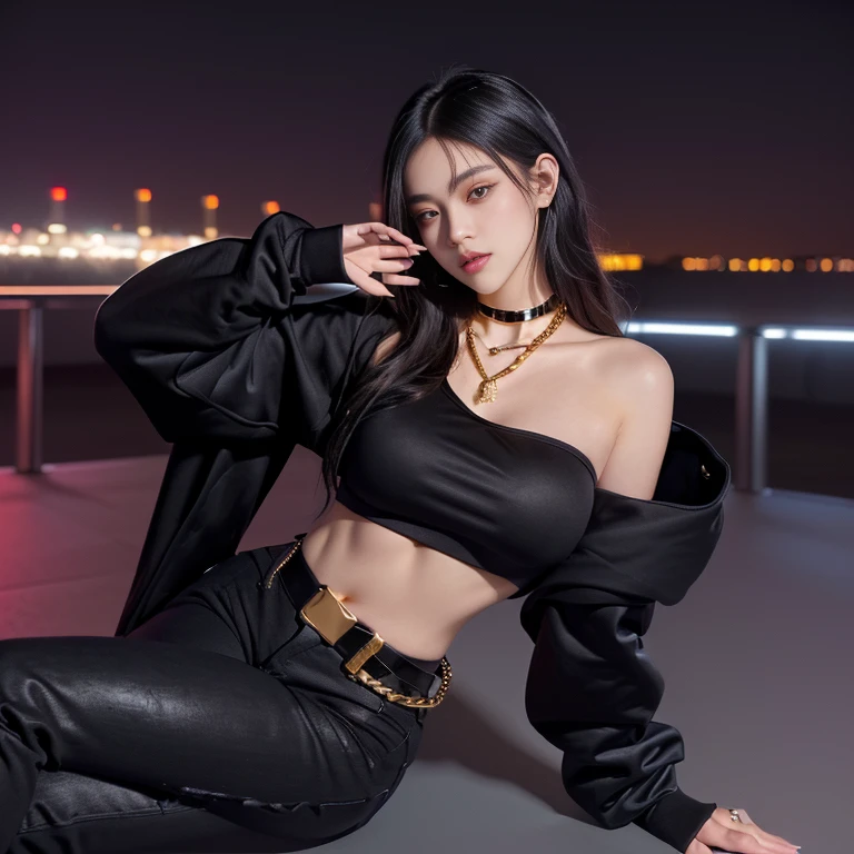 realistic, 1girls, best quality, 12k, HD, long hair, big round breasts, cleavage, ponytail, necklace, jewelry, shorts, short jacket, slim hips, hair tie, yellow eyes, black hair, super detailed, Detail eyes, hair details, person details, mouth details, face details, breast details, clothes details, hair details, pants details, hand details, whole body