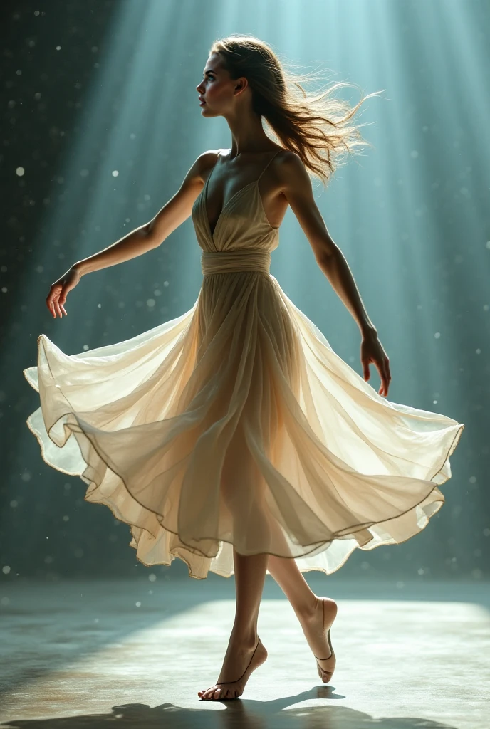 Generate an image of a woman dancing from a low angle with a distinctive composition that emphasizes movement and grace. Capture the fluidity of her movements and the dynamic energy of the dance in a visually striking way. Utilize unique lighting and angles to create a visually engaging and artistically expressive representation of the dance performance.chat ear