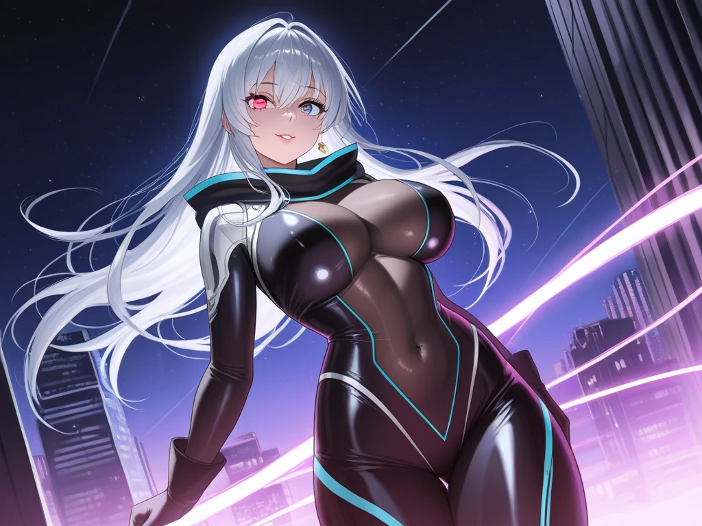 Gorgeous woman, wearing a silver bodysuit, standing in a space ship