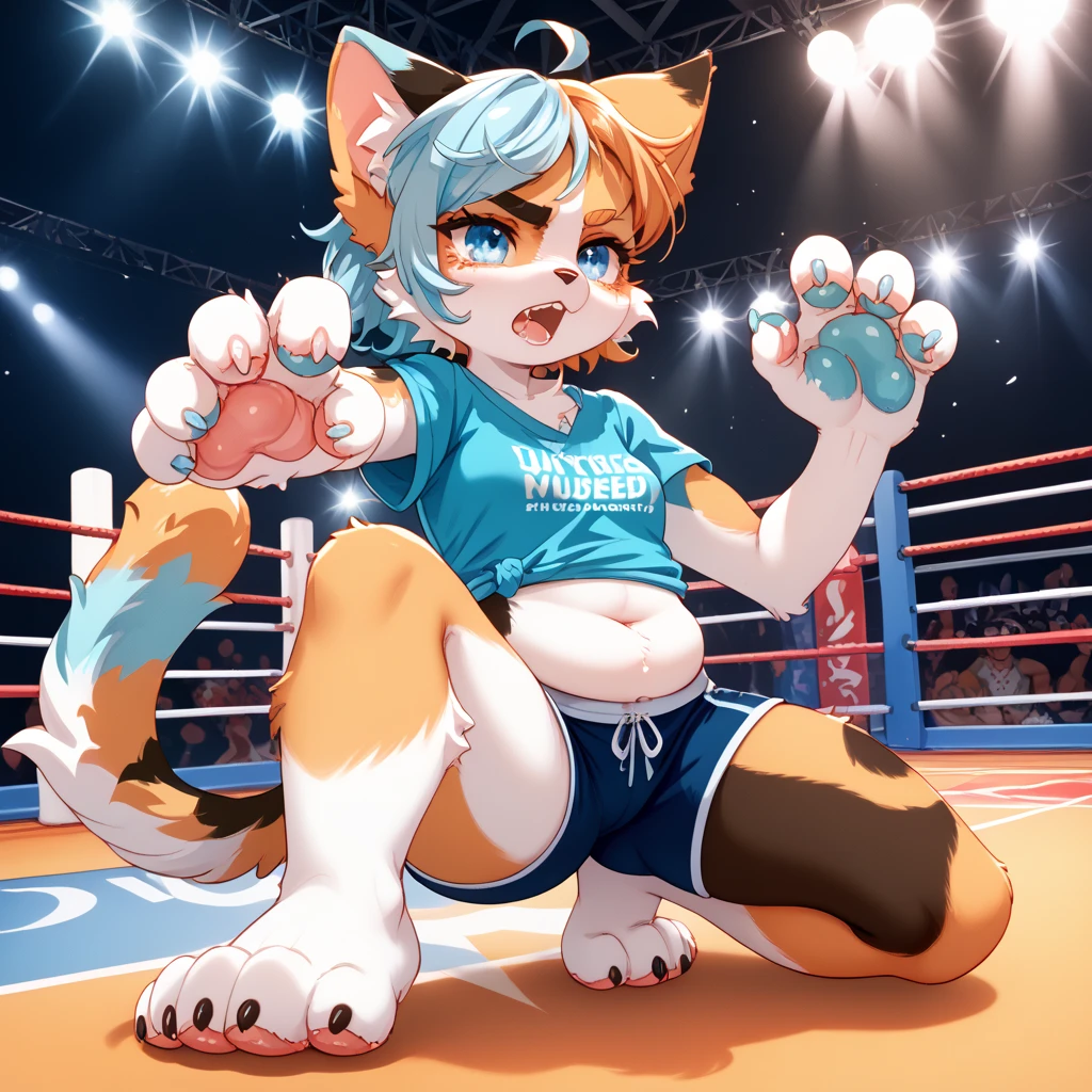 Detailed image, High quality, 4K, detailed face, anime style, bottom view, single female fox, furry, Fluffy fur, lush breasts, bruises on the face and torso, all sweaty, pretty haircut, in a sexy boxing outfit, in boxing gloves, sitting on his knees, in the boxing ring 