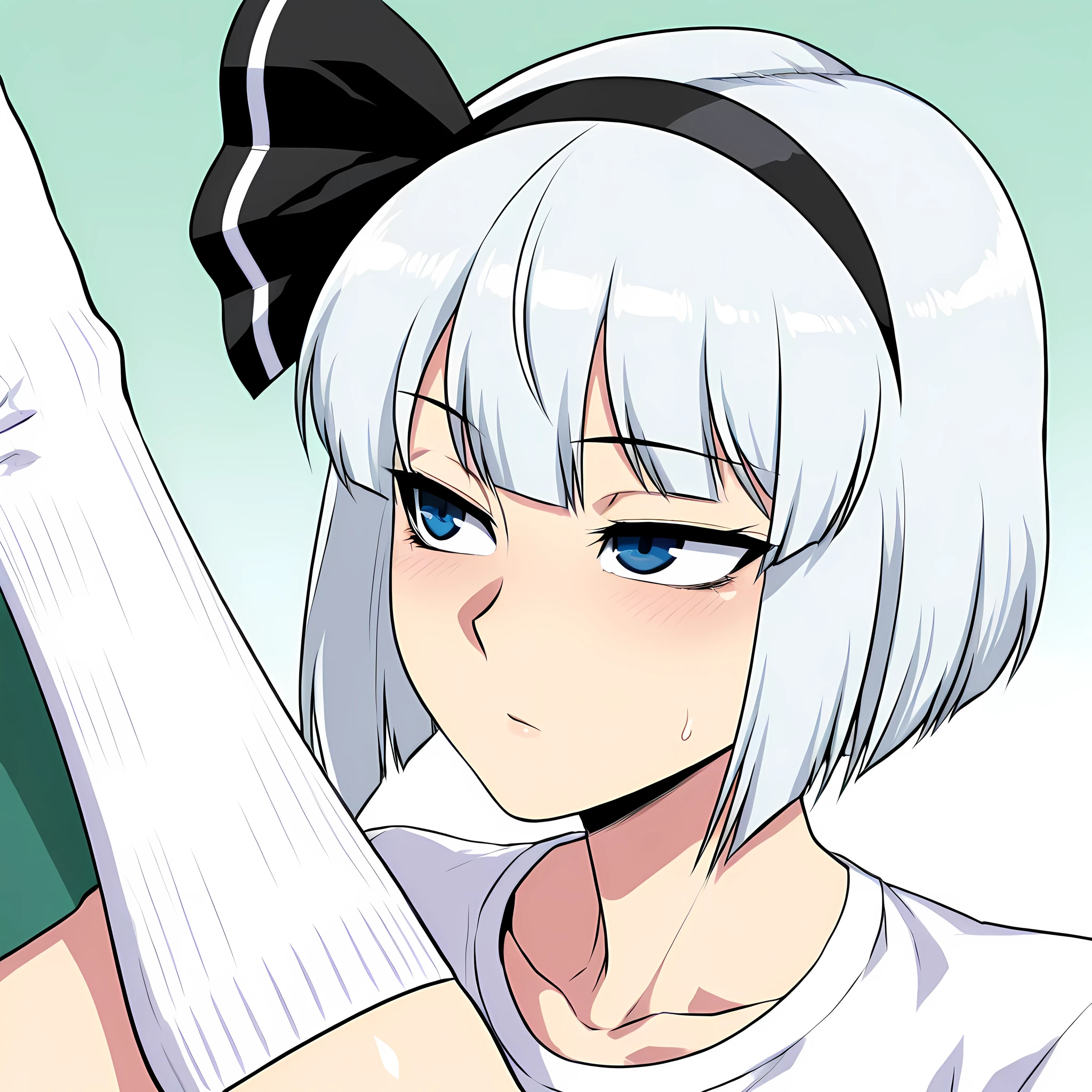 Rampage0118, taitara, konpaku youmu, 1boy, solo, white hair, short hair, blunt bangs, blue eyes, hairband, white socks, solo focus, konpaku youmu is femboy, otoko no ko, portrait, white shirt, looking at side,
absurdres, highres, masterpiece, best quality, amazing quality,