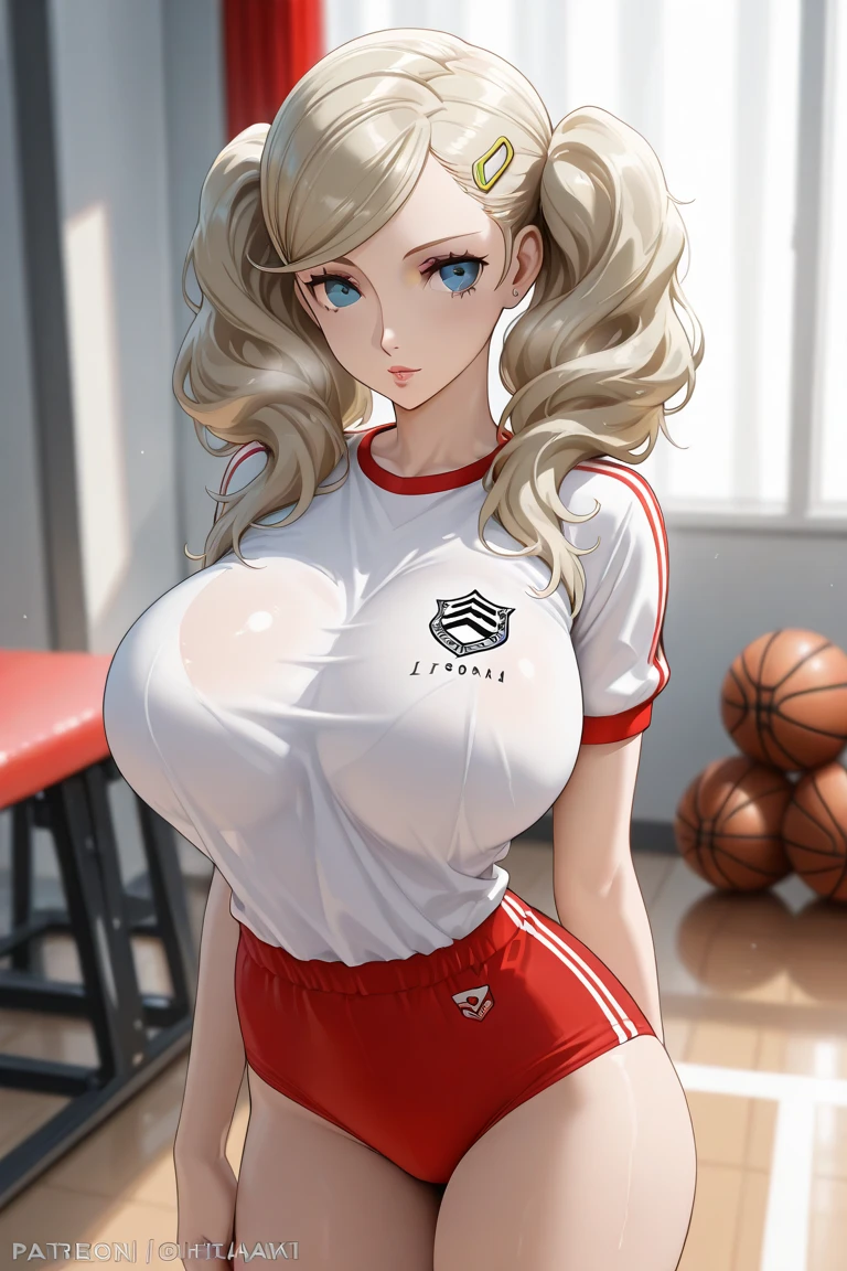 score_9, score_8_up, score_7_up, score_6_up, score_5_up, score_4_up, dd4ught3r, solo, blonde hair, blush, breasts, clothes lift, gym shirt, physical examination, <lora:dd4ught3r:0.8>
