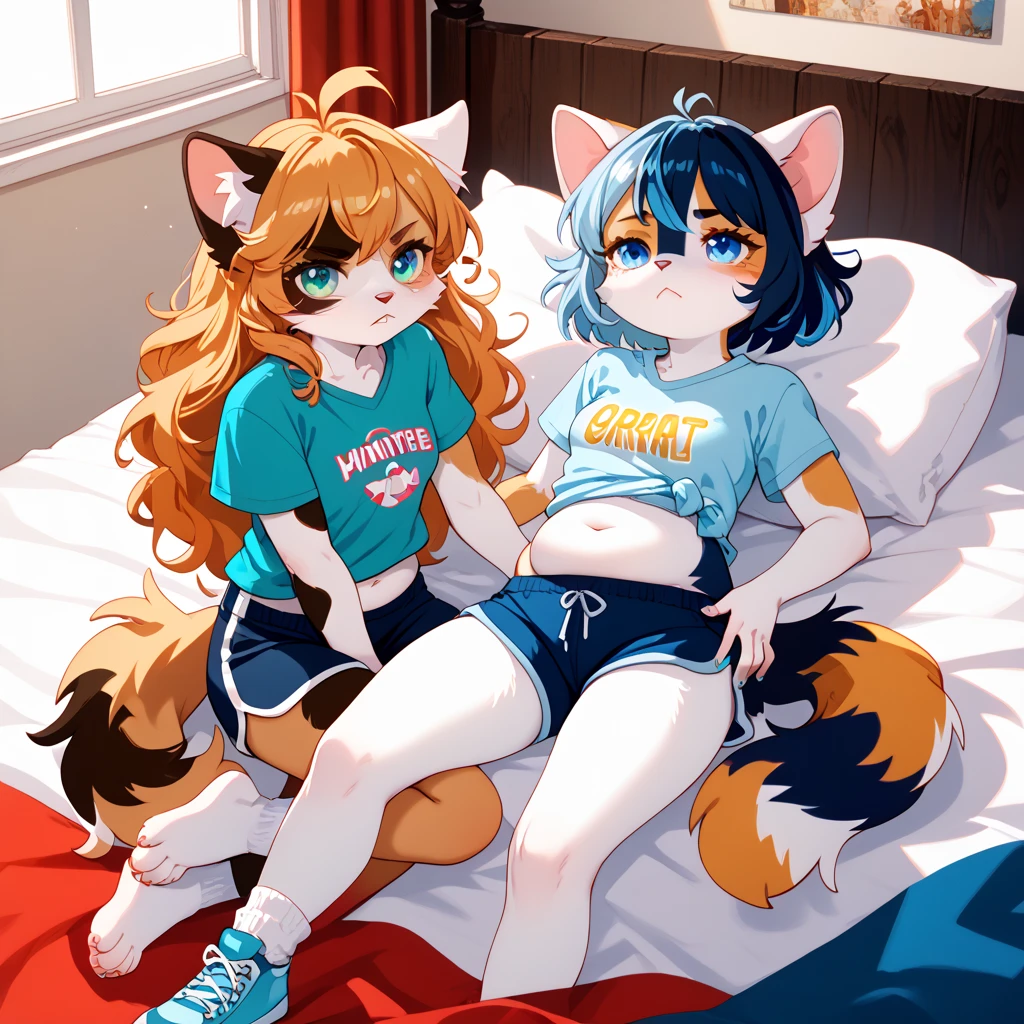 2girls, wolf and fox, furry, bodyfur, tail, collar, topless, jeans, long pants, gloves, boots, chibi, sparkling eyes, full body, looking back, big breast, lying, bed