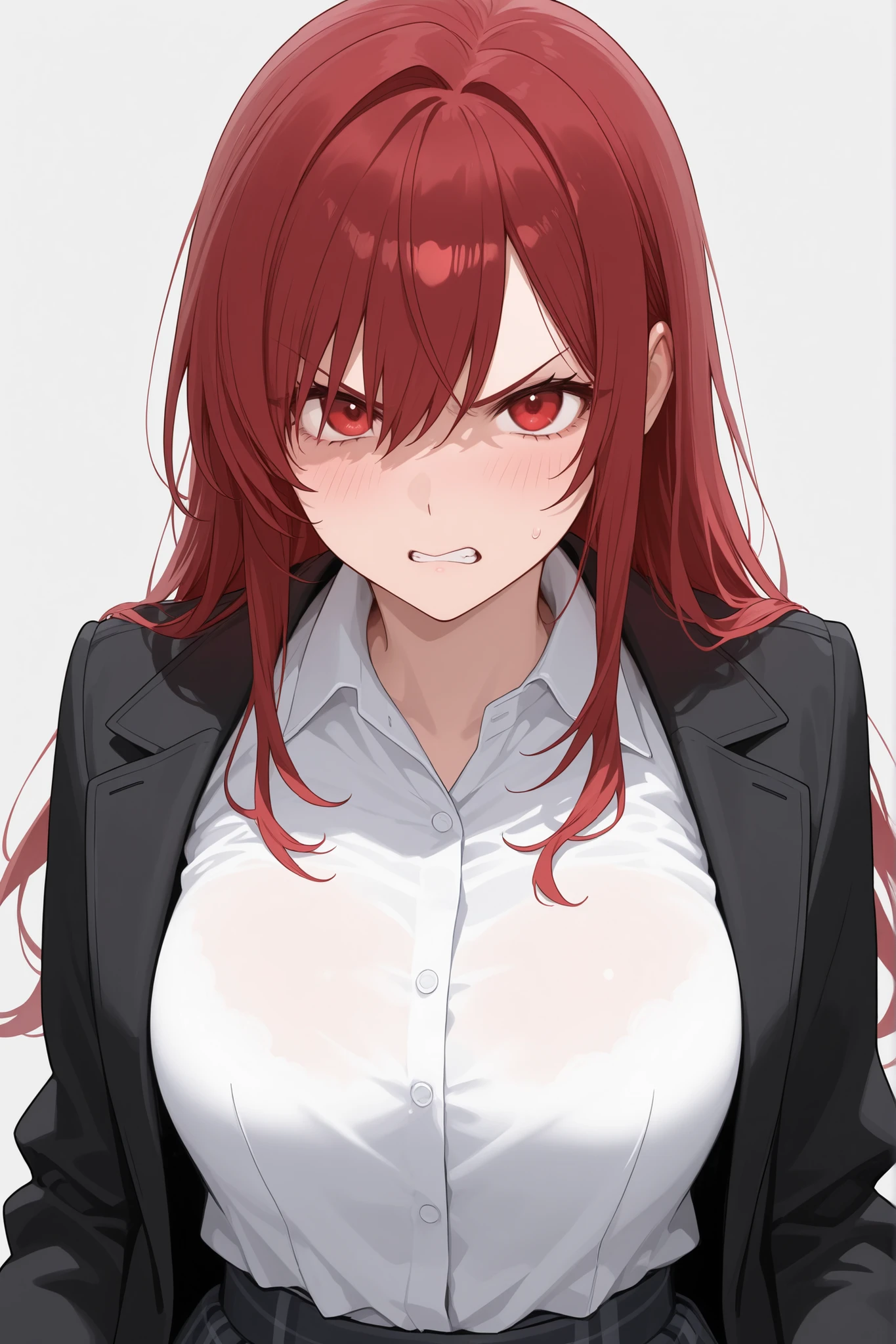 Angry girl red eyes and hair and clothes