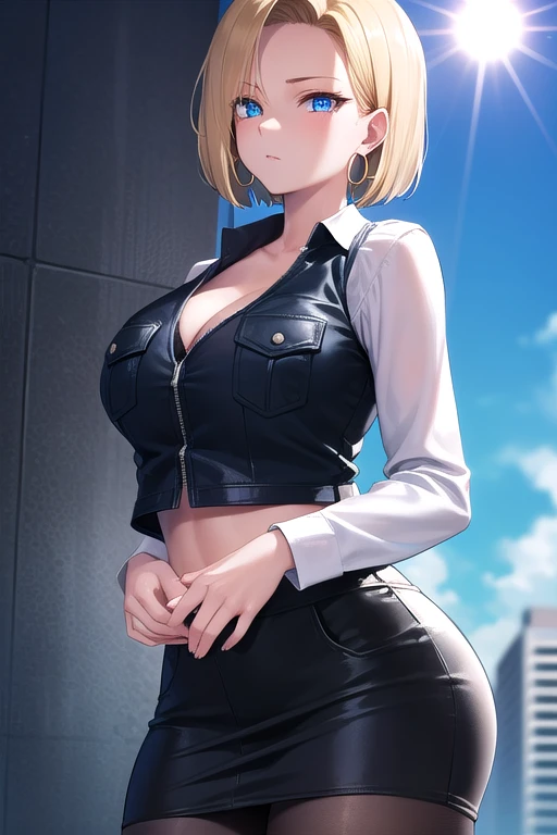 android 18, android 18, blonde hair, blue eyes, eyelash, hoop earrings, short hair, earrings, break belt, black legwear, black shirt, breast pocket, cleavage, clavicle, denim, denim skirt, high-waist skirt, jewelry, long sleeve, pocket, shirt, shirt tucked in, skirt, striped, striped sleeves, waistcoat,, break outdoors, city, null, cloud, sun, break looking at viewer, (cowboy shot:1.5), break (masterpiece:1.2), highest quality, High resolution, unity 8k wallpaper, (figure:0.8), (beautiful and fine eyes:1.6), highly detailed face, perfect lighting, Very detailed CG, (perfect hands, perfect anatomy)