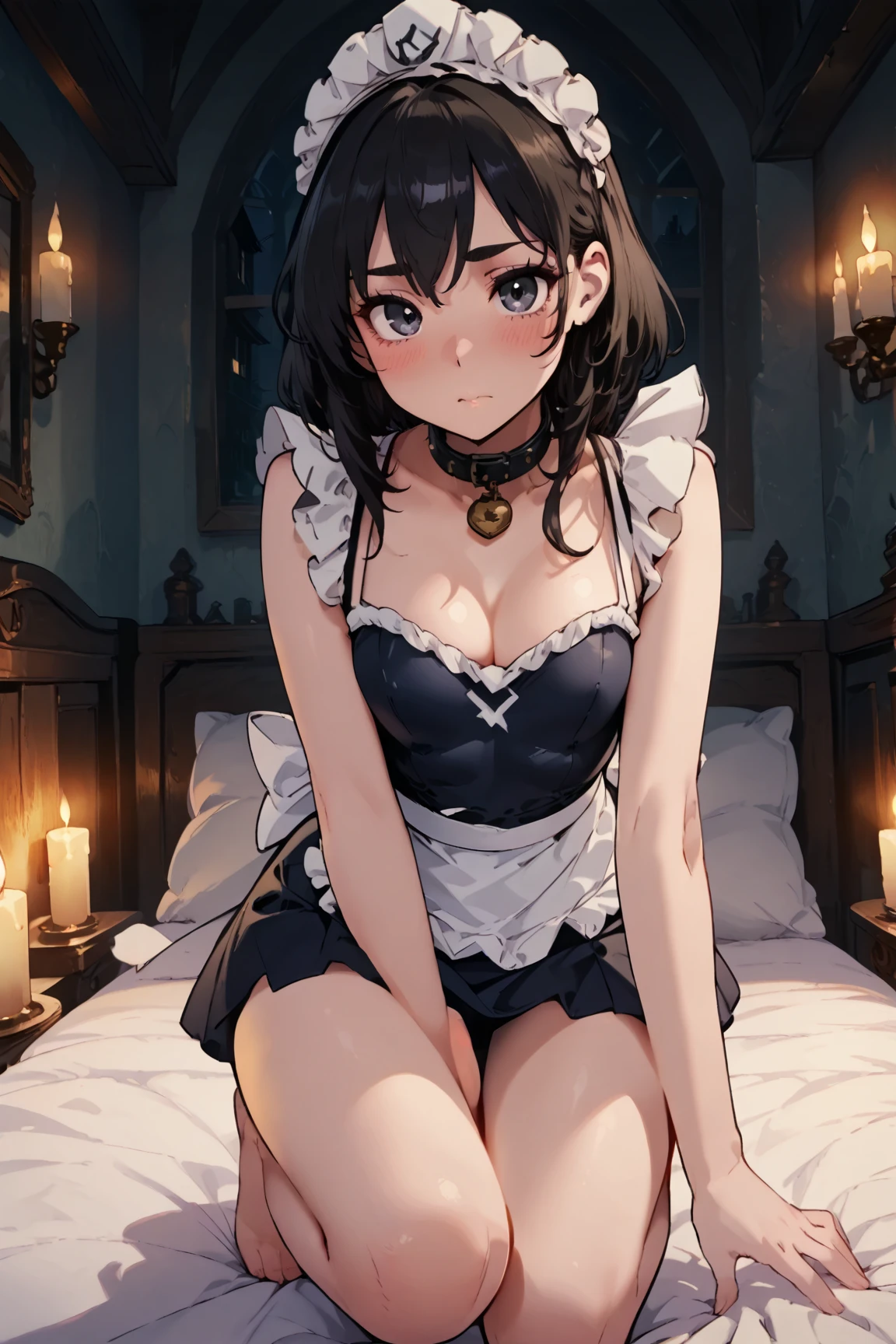 1girl huge large breasts，maid，the night，Bedrooms，anguished expression，messy outfit, Attractive，Sit on your knees，lone，dozing，A half body，(Super-High Resolution)，(Ultra-high sharpness)，​masterpiece，Best quality