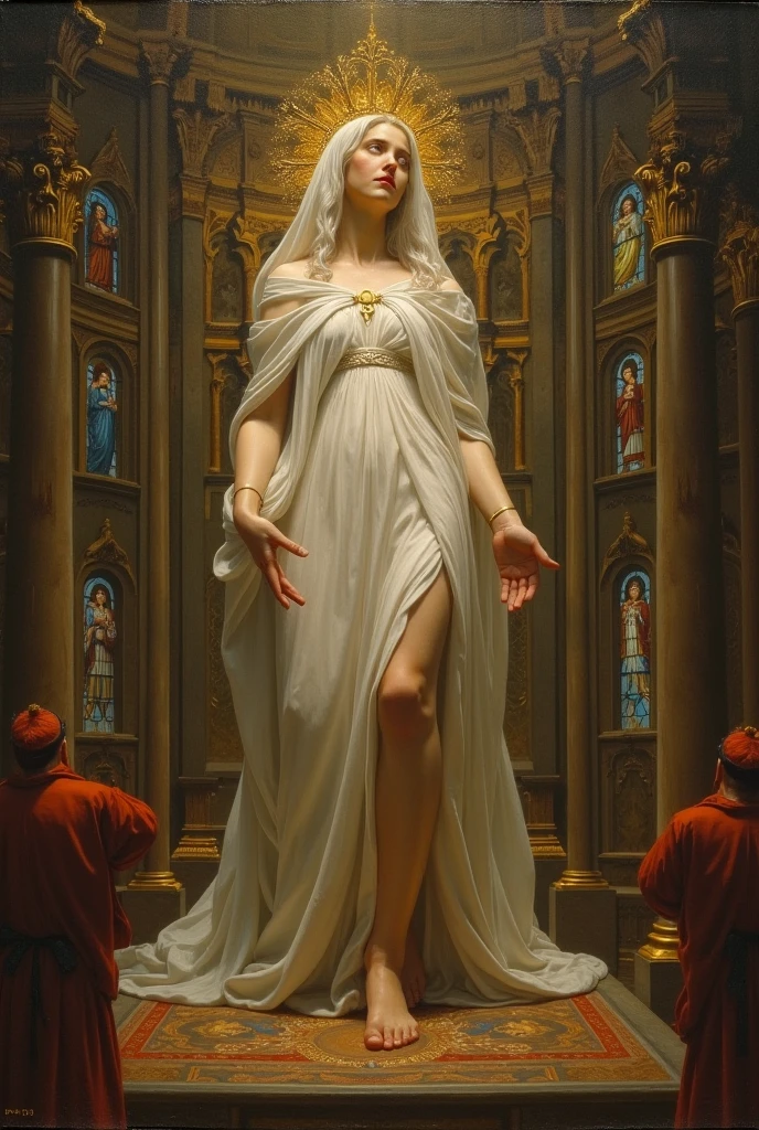 ((aeolian)), 1 girl, beautiful face, Princess, ((naked)), full body view, very long loose black hair, no underwear, slim body, long legs, shiny skin, fantasy church interior landscape, wearing high heels