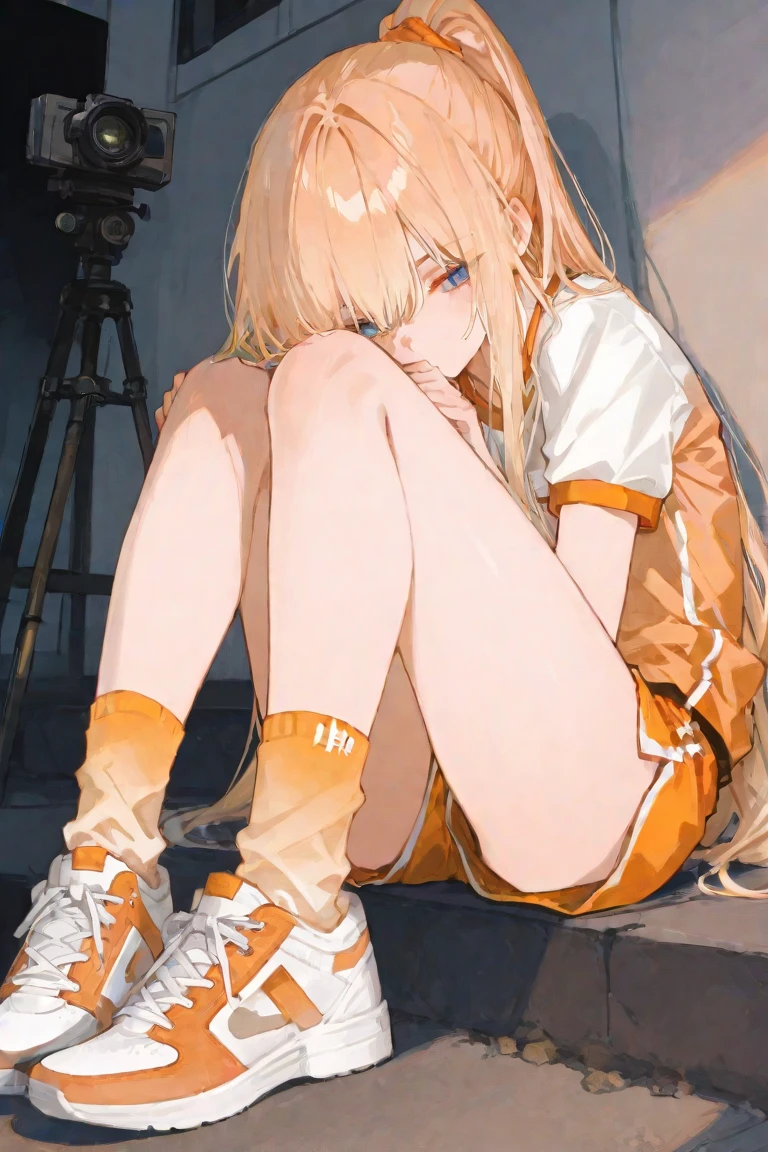 blonde、long hair、double eyelid、Brown skin color、Gym suit、Boring face、high school girl、Bad girl、freckles、sit on the ground、Leaning against the wall、sandy ground