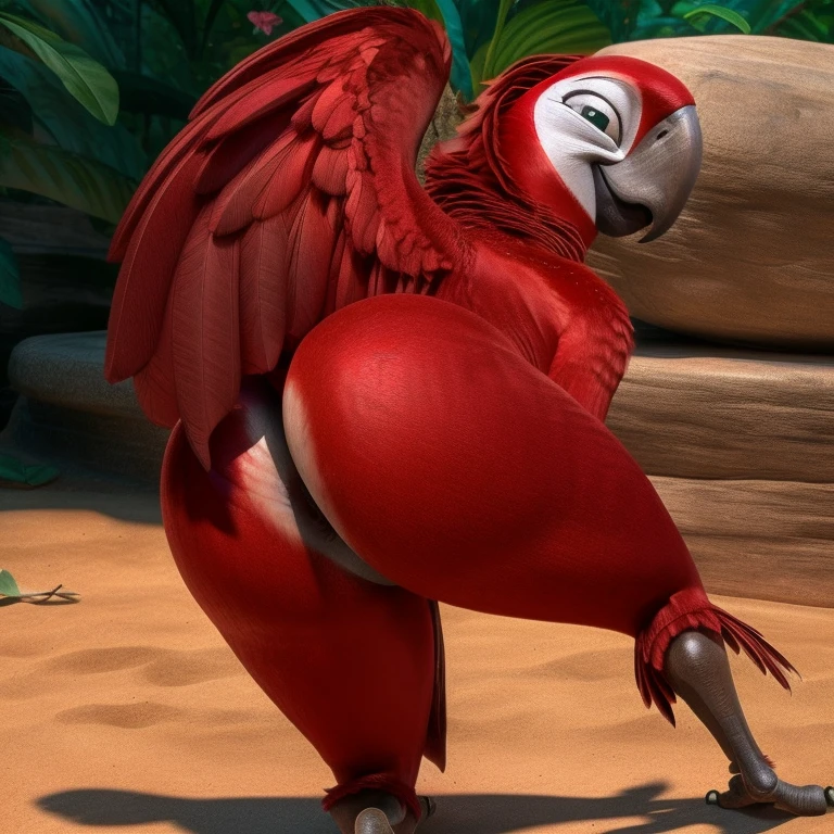 ((NSFW, sexual)), rio movie, jungle landscape, felipe a male Scarlet macaw avian, ((anthro)), human body, furry, feathered arms, ((exposing tapering penis, testicles)), standing, green eyes, smug attitude, realistic, digitigrade legs, detailed eyes