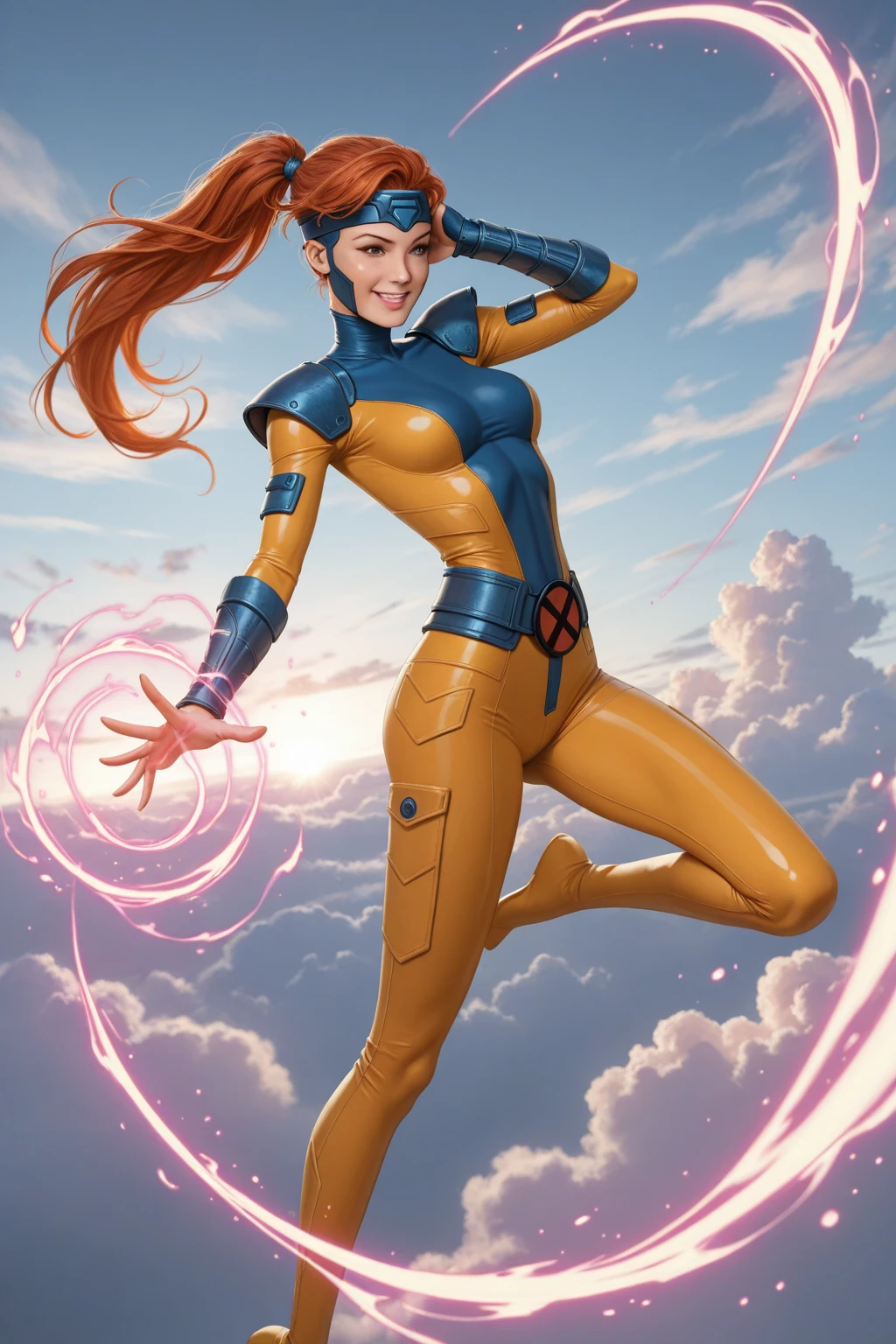 (Jean Grey), Xmen 97, a beautiful woman with long red hair, detailed face, piercing green eyes, wearing a blue and yellow costume, x-men 97 style, dynamic pose, muscular body, cosmic powers, dramatic lighting, cinematic composition, photorealistic, award winning digital art