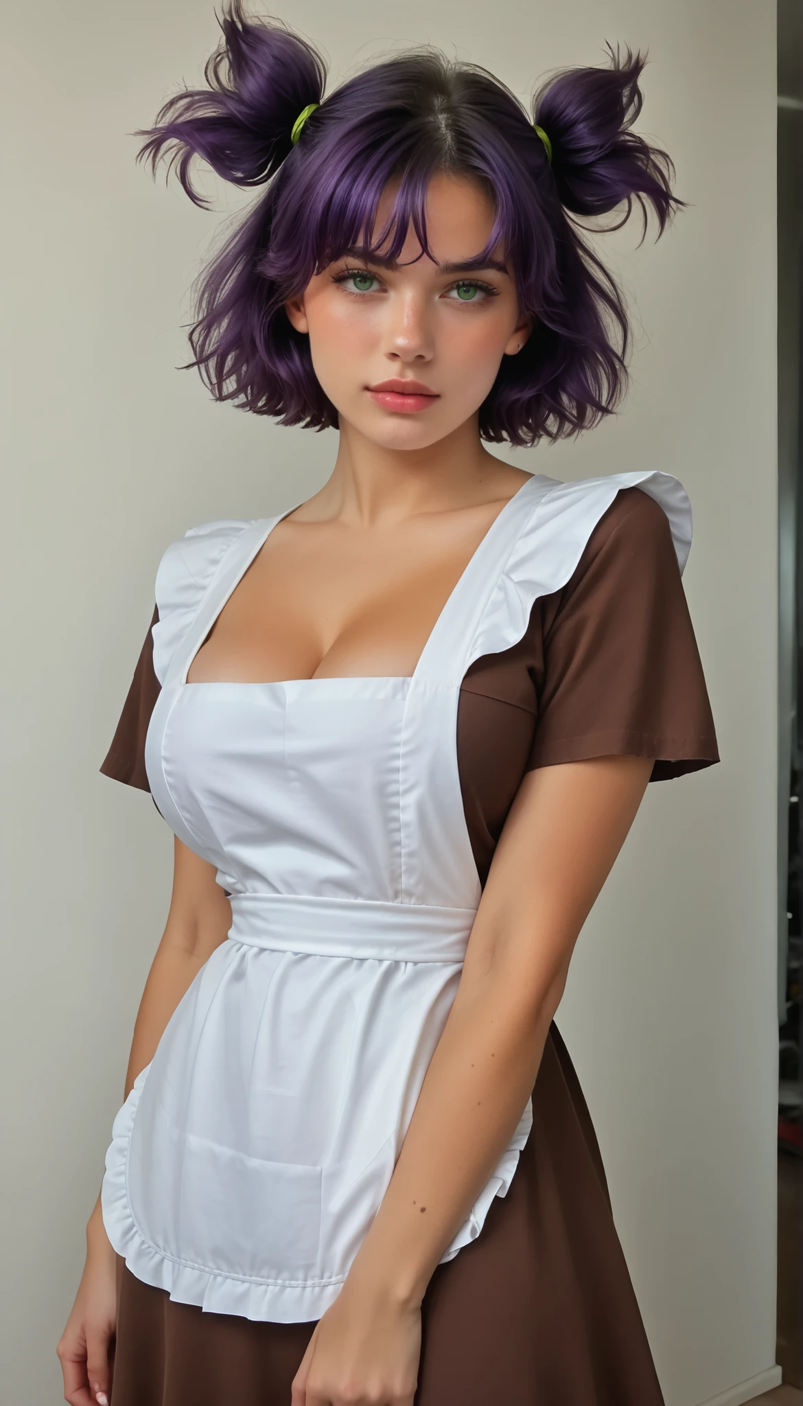 score_9, score_8_up, score_7_up, score_6_up, 8k, high detailed picture, realistic style, masterpiece, very young girl, no panty, perfect rounded huge breasts, disheveled hair, lena, purple hair, green eyes, short hair, two side up, bangs, 1girl, solo, big brightness eyes, 16k, masterpiece, realistic style, perfect fingers, tomboy, pixie cut, brown dress, short sleeves, white apron, glitch art, dark violet accent, distant view