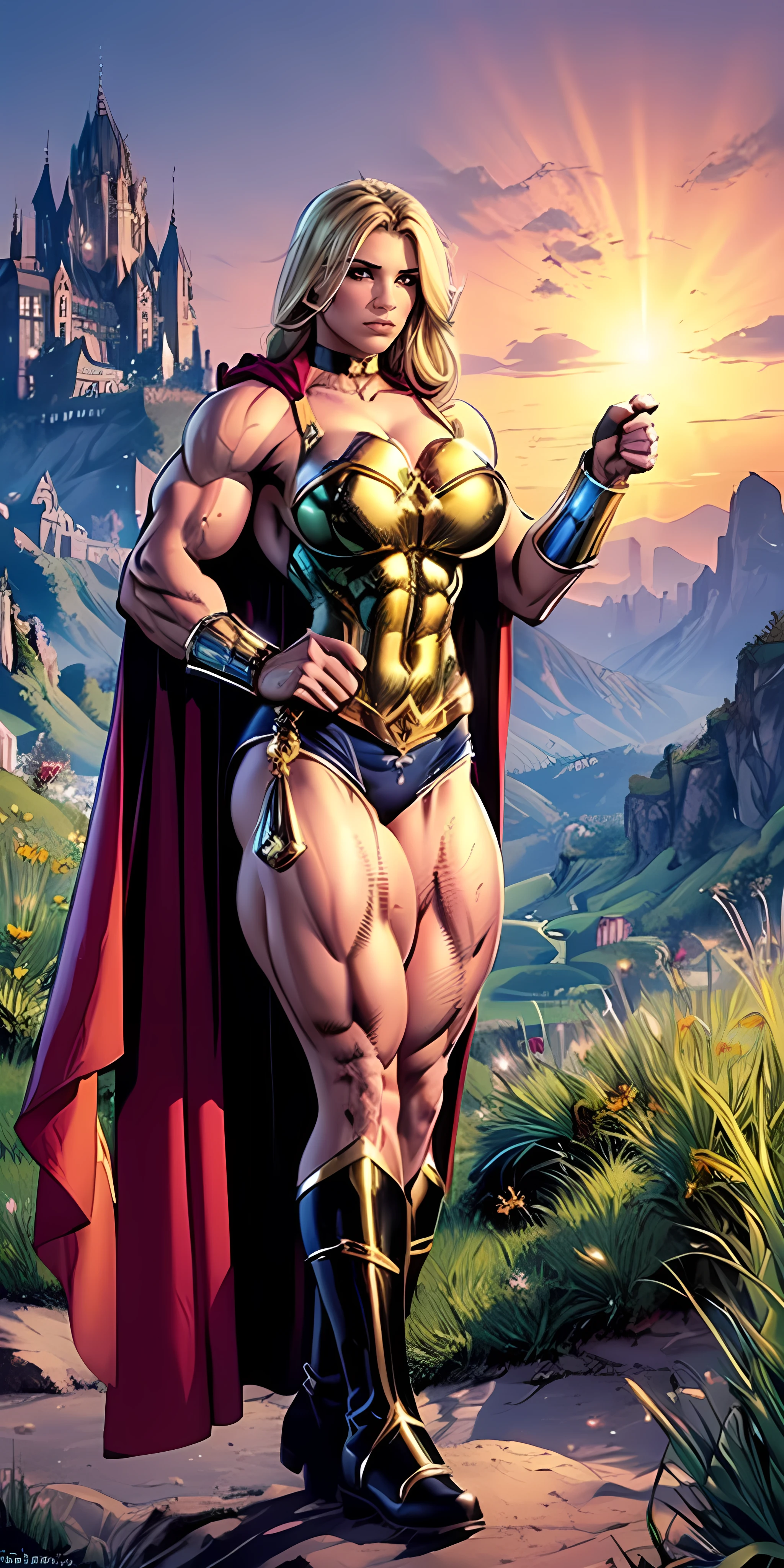 a powerful nude female superhero, like power girl from DC with a golden headband, nude, huge nipples, big areola, athletic body, big bum, on a beach background, sexy poses, hyper realistic, 8k, masterpiece, vivid colors, volumetric lighting, photorealistic, highly detailed, dynamic pose, dramatic lighting, vivid colors, cinematic composition

