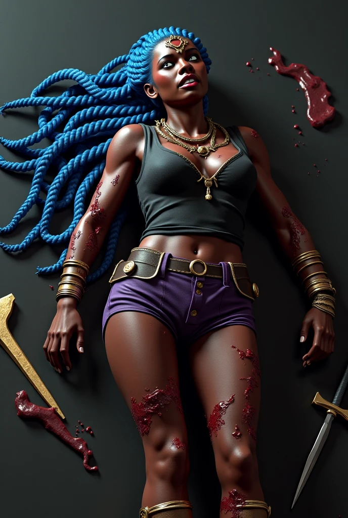 Super realistic, High Detail Face, Clean and delicate face, wide shot, 1 lady, whole body, Asymmetric, Fighting posture, Holding Long stick with both hands Anatomically correctly, Purple ponytail, parted bangs, black skin, Tattoo on arm, wearing a Black and gold mini Kung Fu costume, sleeveless, Thighs, Leather bandages wrapped around the shins, Black Sandals, glaring at the viewer, simple color background
