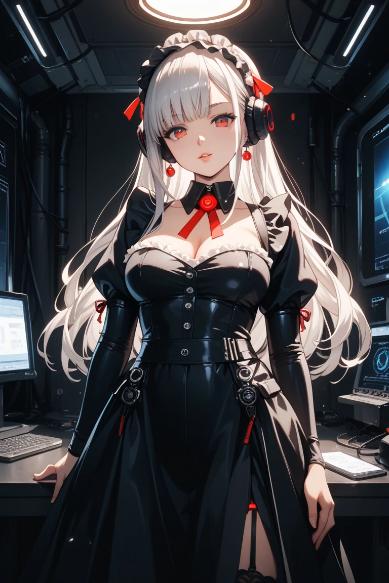 Masterpiece, Best quality, illustration, Science fiction, Black and red theme, 1girll, looking down at viewer, Skinny, Delicate messy gray hair, Glowing red eyes, Black tech jacket, black facemask, Wire, Cable, (The light from the back window is backlighted),huge tit,(Breast nudity:1.3),catss,Pink tits,Classroom,orderliness,Sit upright,There are many people around