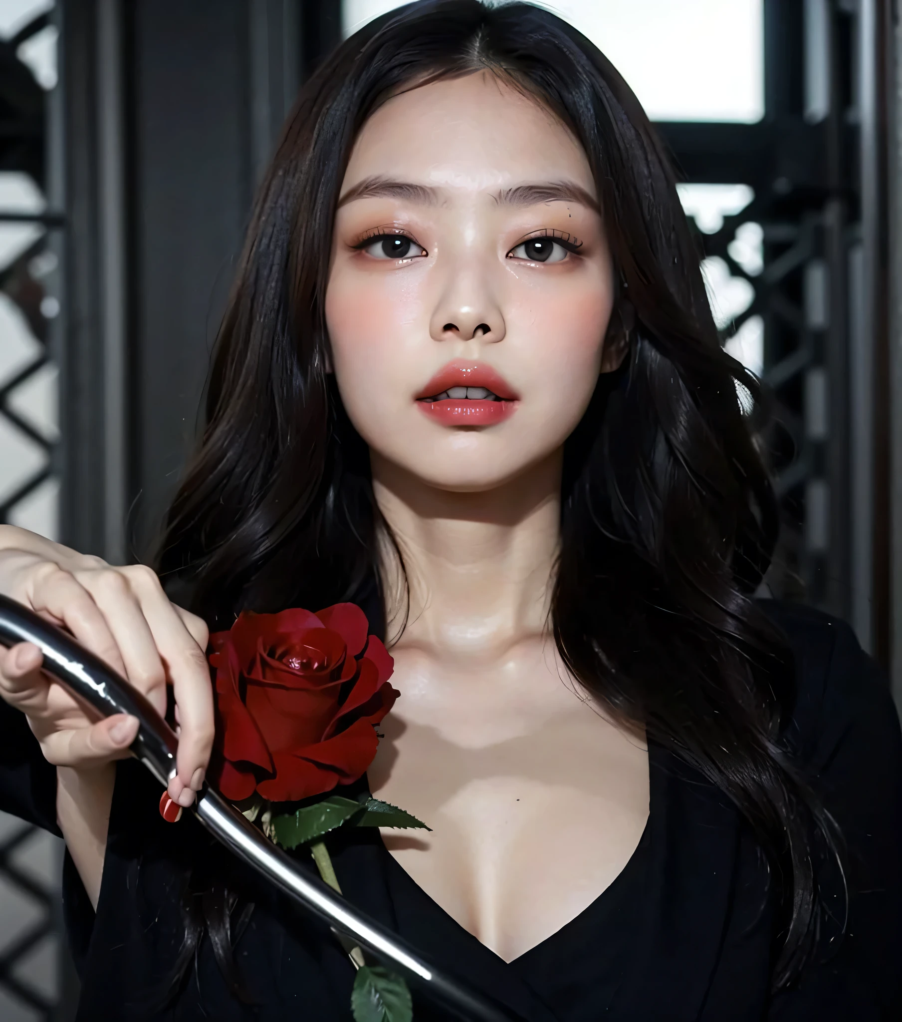 Extremely soft face. jacket. attractive. mesmerizing eyes . Beautiful lips kissable lips. pretty lips. Sexy lips. beautiful skin . soft leather kimono. red rose. red flower. neckline. Predominant breasts .