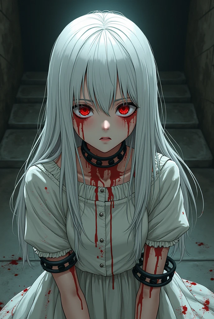 Sweating, Raquel, blood everywhere, Raquel covered in blood, Mansion, looking at viewer blankly, blood on her face, side view, white shirt, blood dripping, blood, blood,