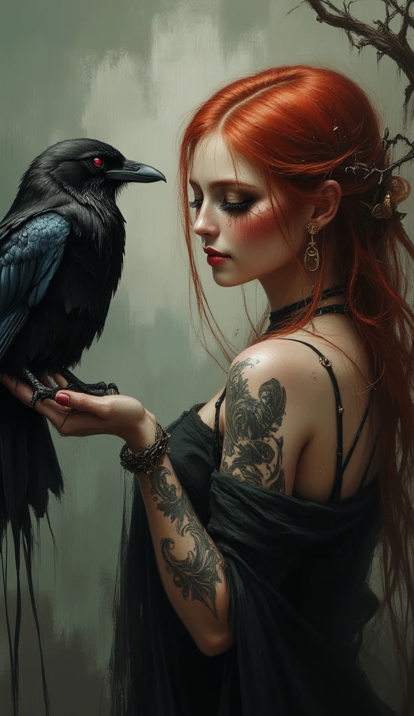 can you create me a realistic image of a red haired girl with a long butterfly cut brown eyes wearing blue jeans and black corset with piercings. Holding a viper that's wrapped it's coils and squeezing a raven