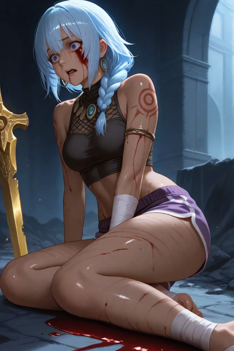 anime,steam,misty and hazy,in a cage,girl,blind, slave prisoners,full body,kneel down,binding band,keep chest up and head up,masochistic mania,handcuffs,weating profusely, limb restraint,shark teeth,blue skin,fish gill,shed tears,wax droplets on the body,bleeding,sweating,bikini bra, yellow sweater ,large breasts,shorts ,with injured eyes,white eyes ,red hair,short hair,dull hair,barefoot, green thong ,blush ,locket ,scoop neck,leg rings,,ankle shackles, chains,tongue nail, ear nail, navel nail,collared ,saliva,burning scars and scars on the body,spread legs,collar,opening on the clothes,Show muscles and abdominal muscles ,sexy muscles,blue muscles, abdominal muscles,good toes,good fingers,floor tiles,sharp toenails,Iron chains,seduction,art lines,