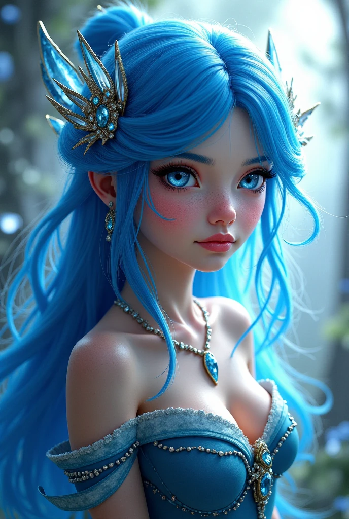 Fantasy Character. adult woman, with blue hair and light blue eyes. Fair skin with freckles on nose and cheeks. Anime line medieval era