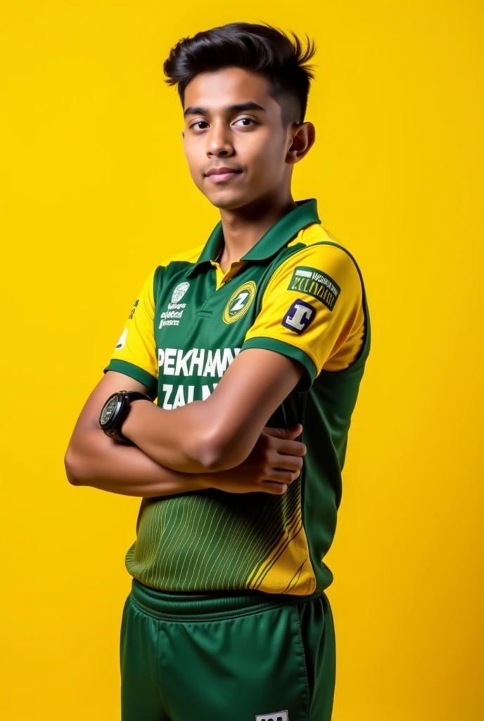 A thirteen year old boy wear cricket Jersey