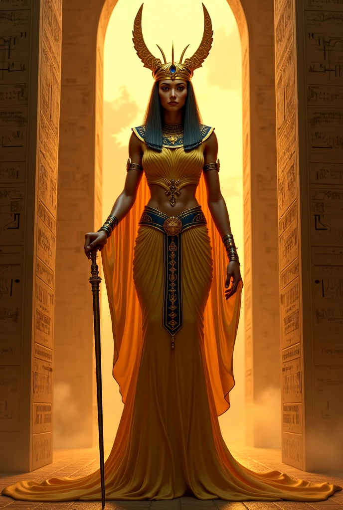 elegant snake priestess, serpentine features, mesmerizing golden eyes with slit pupils, delicate yet stern facial features, hidden venomous fangs, ebony serpent scales visible on her arms, hips, abdomen, regal yet practical robed attire, feline grace with an underlying tension, embodiment of ancient Stygian mysticism, magic and mystery, (best quality,4k,8k,highres,masterpiece:1.2),ultra-detailed,(realistic,photorealistic,photo-realistic:1.37), dark fantasy, cinematic lighting, dramatic colors, atmospheric, chiaroscuro
Anumkhet, a striking and powerful hybrid priestess, stands in the sacred sanctuary of Seth, adorned in luxurious Egyptian-style garments inspired by Nefertiti. She wears flowing black silk clothing, elegantly draped with sand-colored fabric that accentuates her sculptural form. The garments are detailed with intricate Egyptian patterns, fitting closely to her measurements of 105-110 cm bust (F cup), 70-75 cm waist, and 105-110 cm hips, highlighting her divine femininity. Her long, dark hair cascades around her shoulders, and she is crowned with a golden headdress adorned with serpents and the symbol of Ra. The sacred space is bathed in a dim, gothic ambiance with deep shadows and muted, sandy tones. The atmosphere is heavy with an eerie, reverent silence, as ancient runes and serpent motifs adorn the stone walls, illuminated only by flickering torches. The entire scene emphasizes her divine presence and the blend of gothic and Egyptian influences.