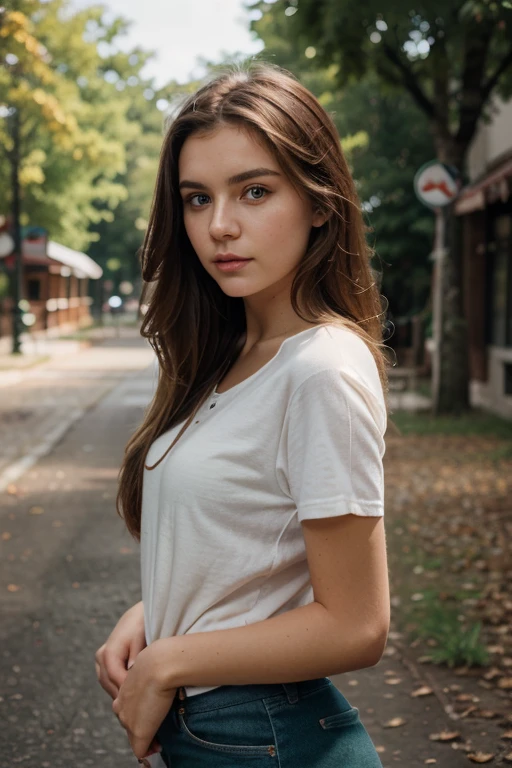 A young female wearing a white t-shirt and jeans, brown hair, realistic, 4k, multiples poses, background street, different expressions, no text, no design