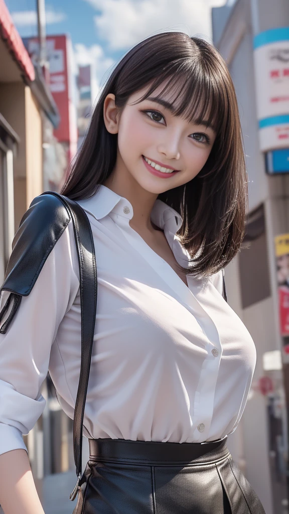 sexy big breasts,Sexy cute looks and cute 15 year old beautiful girl, Beautiful and sexy face,Beautiful blonde with cute long straight hair, Sexy eyes hidden behind long bangs,slightly dark skin,Slightly droopy eyes,((Tokyo cityscape)),Go to lunch with a colleague,Scenery with multiple people,emphasize the buttocks,emphasize the chest ,white blouse,short skirt,Heading to a restaurant,smile,Walking with colleagues