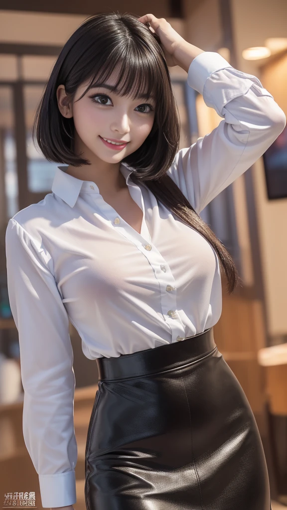 (Best quality, a high resolution, masterpiece, detailed), (RAW, 8k, HD Images), shy, 1 girl, 14 years, Beautiful face, average breast size, perfect breasts, White skin, long hair, Ponytail, layers of hair, bang, black hair, Beautiful girl, cutie, cute girl, beautiful girl, ideal girl, beautiful eyes, Blue eyes, thin lips, thin, (eye line, soft lipstick), ideal, bedroom, smile, Hip, legs, short latex skirt, Open shirt, unbuttoned shirt,beautiful breasts,nylon stockings, standing,photo on a white background, wall background, whole body, split, (highly detailed skin:1.2), 8 K, digital SLR camera